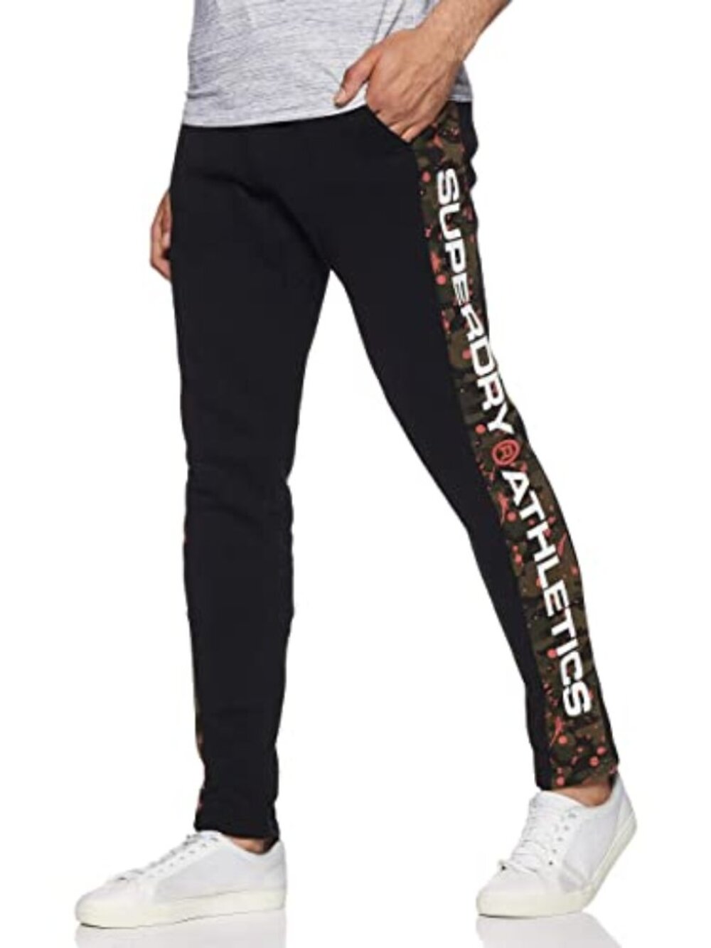 Superdry Black Joggers Logo Camouflage Sides Taper Legs Athleisure Size Medium